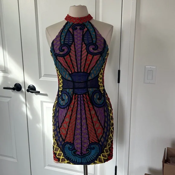 JOVANI sz 8 Vibrant Lace Geometric Overlay Illusion Mini Halter neck Dress - Picture 2 of 7